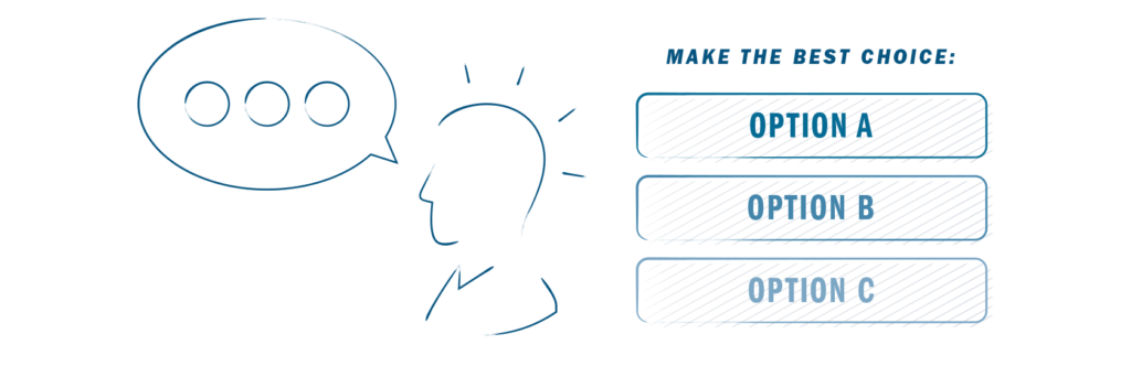 A person thinking about the right choice in an elearning simulation example.
